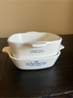 2 Corningware White Ceramic Casseroles with Blue Floral Pattern